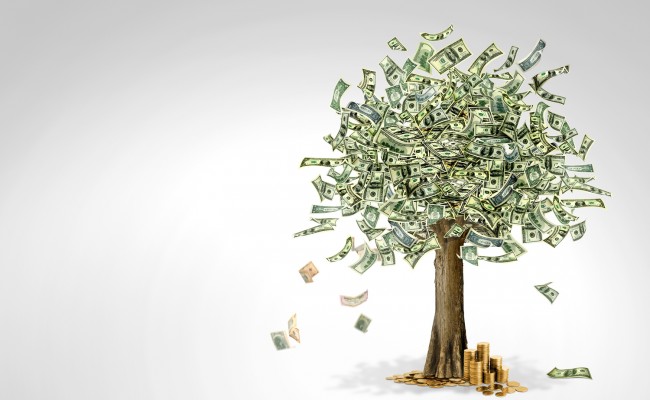 Money tree made of hundred dollar bills